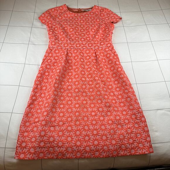 Boden Dress Women 10 Long Coral Orange Daisy Jacquard Floral Sheath Pockets - Picture 2 of 12